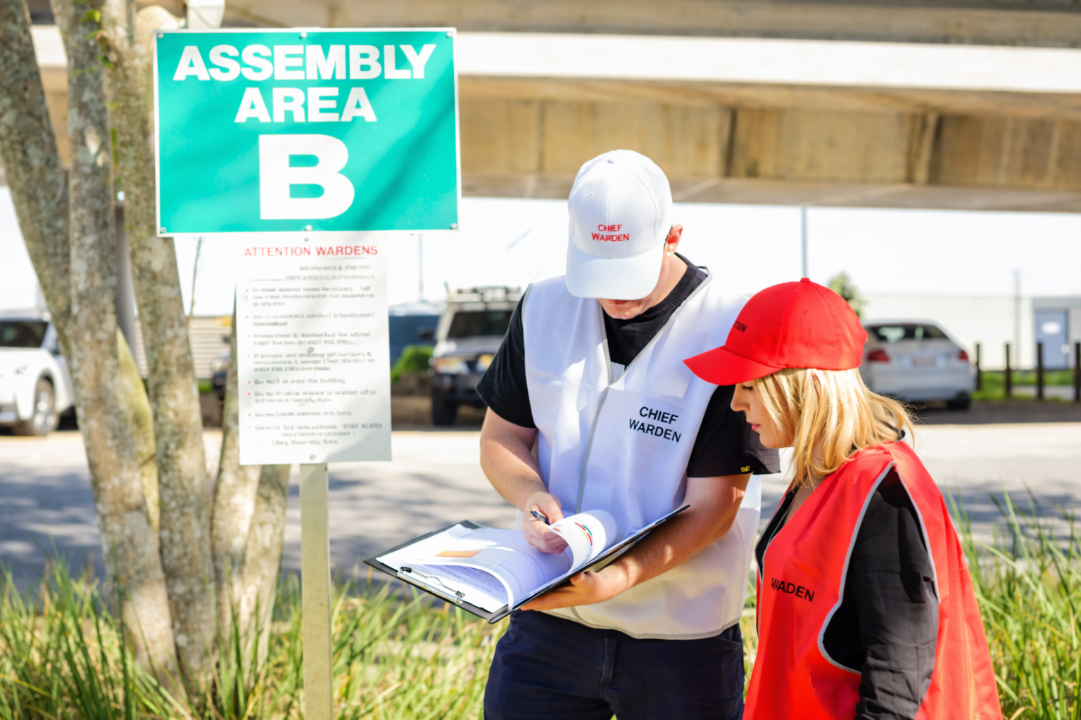 fire warden at assembly check point