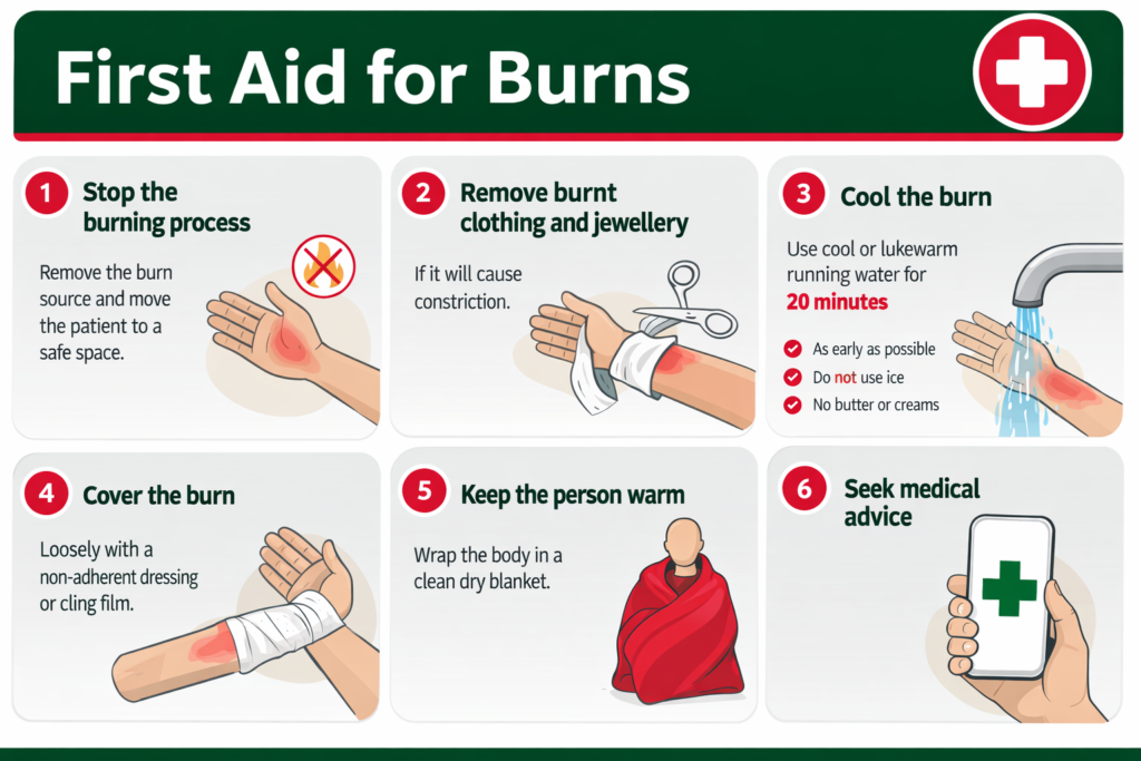 burns first aid - 3 C's